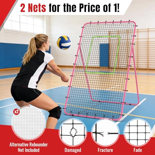 Suteck 7x4ft Volleyball Rebounder Net 2-Net System, 5-Angle Adjustable & Ultra-Durable Trainer for Spike, Serve, Passing & Solo Practice, Includes Storage Bag for Easy Travel & Portability - color: Pink