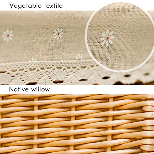 Walfront Traditional Brown Wicker + Linen Picnic Basket 26 * 18 * 16cm Handle Height 30cm with Insulated Lining and Cutlery Set