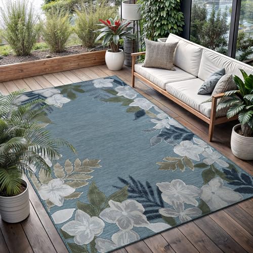 Outdoor Rug 8x10 Washable Area Rugs Indoor Outdoor Carpets Aqua Border Floral Non Shedding Waterproof Easy Clean Patio Deck Porch Living Room Bedroom Garden RV (8 X 10 Aqua) - color: 1-aqua, size: 8' x 10' (Rectangular)