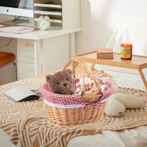 14.2 Inch Natural Wicker Basket with Linen Cotton Cloth Lining, Oval Wicker Woven Basket with Handle, Willow Woven Picnic Baskets for Picnic, Camping, Party(Large) - size: 1 Pack 14.2in Natural(Round willow)