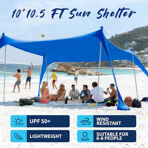 AMMSUN Beach Tent Sun Shelter, 10x10.5 FT Beach Canopy Tent Sun Shade with 4 Sand Anchor & Sand Bags | UPF 50+ Protection | 4 Thickened Poles | Windproof & Lightweight for Camping, Blue - color: Blue, size: 10x10.5 FT (4 Pole)