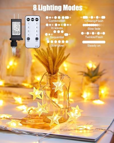 Minetom Star String Lights Plug in - 66 ft 200 LED Star Fairy String Lights with Remote and Timer, 8 Modes Waterproof for Bedroom Tent Loft Bed Window Backyard Patio Porch Balcony Party, Warm White - color: Warm White - 66ft