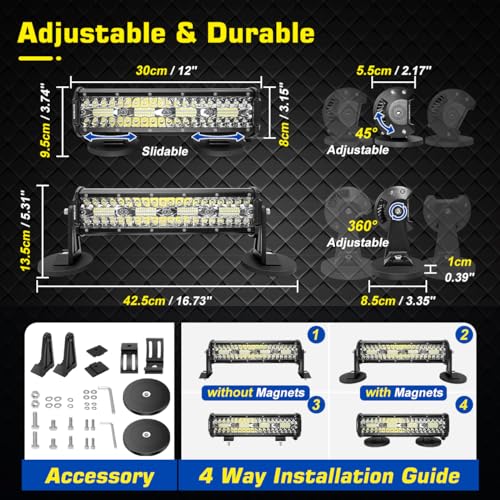 Magnetic LED Light Bar, Super Bright 12 Inch Combo Beam Cigarette Lighter Light Bar 6000K with Strong Magnets 4 Way Mount, 12V 24V Tractor Work Light for ATV Cars Trailer - size: 12inch Combo Magnetic Lights