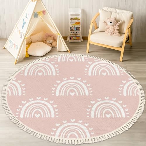 Round Boho Rug Kids Hand Drawn Seamless with Pink Pastel Rainbows Summer for Baby Area Linen Carpet Patio Hallway Runner Mat Pad Minimalist Home Decor Living Room Outdoor, Multi, 4 ft - color: Multi3, size: 4' (Round)