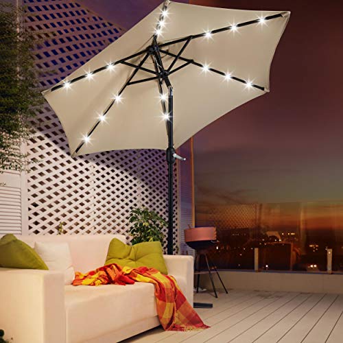 Yaheetech 7.5FT Solar Patio Umbrella-18 LED Lighted Market Table Outdoor Umbrella w/UV Protection Push Button Tilt & Crank Lift System for Garden/Lawn/Deck/Backyard/Pool,Tan - color: Tan, size: 7.5ft