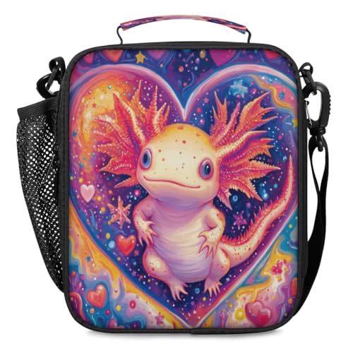 Insulated Lunch Box for Girls Kids Axolotl Lunch Bags Reusable Portable Lunchbox with Adjustable Shoulder Strap and Water Bottle Holder for Work School Travel - color: Axolotl