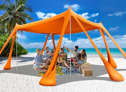 Beach Tent Sun Shelter Beach Canopy Tent Sun Shade Pop Up 10x10 UPF50+ with 8 Sandbags-2 Sand Shovel-Portable 4 Aluminum Poles-Ground Pegs-Easy Setup for Outdoor Family Camping Fishing Picnic - color: Orange