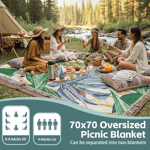 2 in 1 Extra Large Outdoor Picnic Blanket Camping Mat Lightweight Oversized Giant Turkish Boho Beach Mexican Serape Baja Cobijas Mexicanas para Mesa Park Stadium Outside Festival Grass Hammock - color: Boho Green