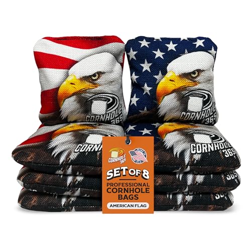 Cornhole365 Themed Cornhole Bag - All-Weather, Heavy-Duty & Durable Polyester Fabric, Resin Filling, Double-Stitched Duck Cloth - Professional Cornhole Bean Bags for Indoor & Outdoor Use - Set of 8 - color: American Eagle