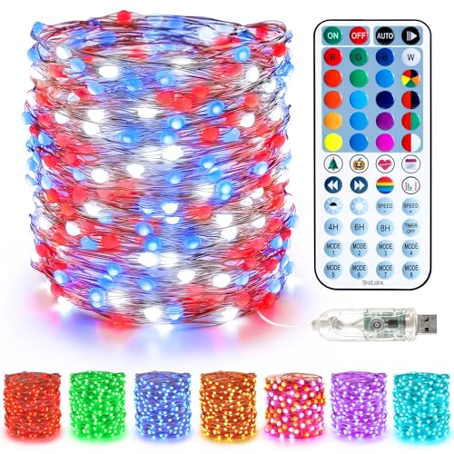 BrizLabs Fairy String Lights, 33ft 100 LED Red White Blue Fairy Lights with Remote Timer, USB July 4th Starry Light Music Sync RGB Color Changing Twinkle Light for Xmas Halloween Easter Party Wedding - color: 100 LED USB