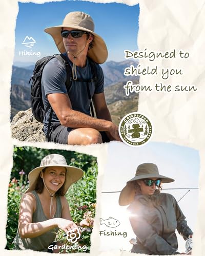 Camptrace Sun Hats for Women Men UPF 50+ UV Protection Wide Brim Hiking Fishing Hat with Neck Flap - color: Khaki