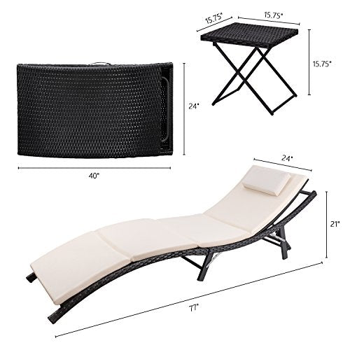 Devoko Patio Chaise Lounge Sets Outdoor Rattan Adjustable Back 3 Pieces Cushioned Patio Folding Chaise Lounge with Folding Table (Beige) - color: Beige