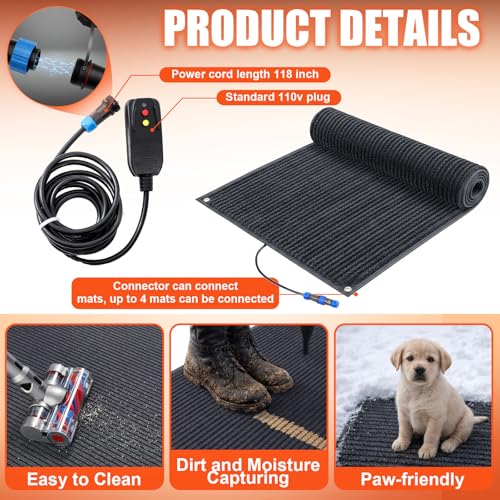 Baquler Heated Snow Melting Mats Winter Heated Outdoor Mats No Slip Melts up to 3 Inch/h Connection with 9.84 ft Power Cord for Snow Removal Stair Step Driveway Walkway(Classic,20 x 30 Inch,Grey)