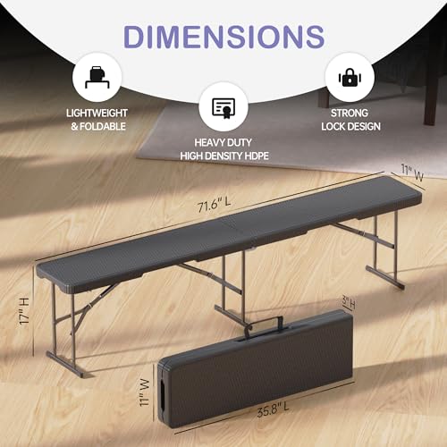 VSOAEIL 6 Foot Folding Bench, Portable Plastic Folding Bench Seat, Foldable Seat for Indoor Outdoor Picnic Camping Dining, Soccer Garden Multipurpose Entertaining Activities, Black Rattan, 1 Pack - color: Black Rattan, size: 1 Pack