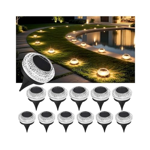 Solar Deck Lights Outdoor - IP67 Waterproof Solar Driveway Dock Lights, 12PK Solar Pthway Lights, Outdoor Warning Step Lights for Driveway Sidewalk Garden Pathway Yard Stair Backyard Decor(Warm White) - color: Diamond - Warm White