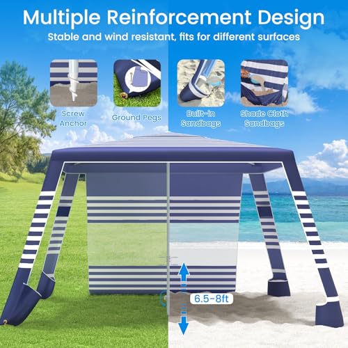 MoKo Beach Cabana, 8'×8' Large Beach Canopy with Side Wall, UPF 50+ Protection Easy Setup Beach Tent Sun Shelter, Adjustable Height Wind Resistant Cabana Beach Tent for Whole Family, Navy Stripes - color: Navy Stripes