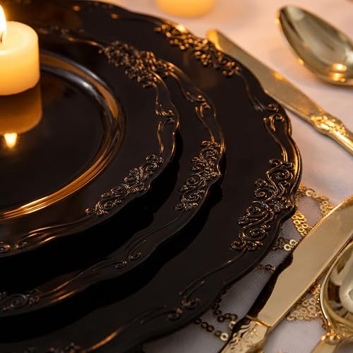 U-QE 100PCS Black Plastic Plates, Heavy Duty Black Plates Including 50PCS 10'' Dinner Plates & 50PCS 7.5'' Dessert Plate - Hard Plastic Plate for Party Wedding Bridal Shower - color: Black
