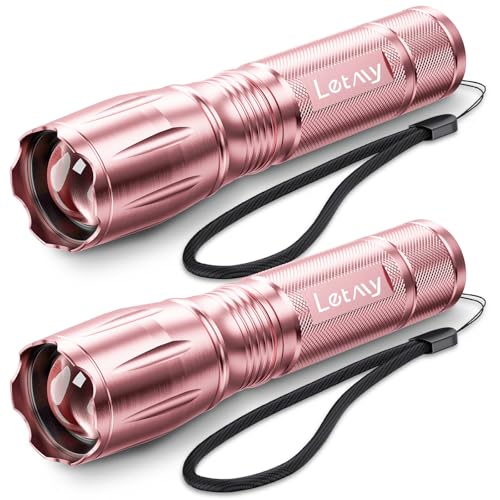 LETMY Tactical Flashlight S2000-2 Pack Bright Military Grade LED Flashlights High Lumens - Portable Handheld Flash Light, 5 Modes Zoomable Waterproof Flashlights for Home Emergency Camping- Pink - color: Pink, size: 2 Pack