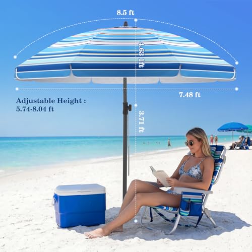 UIRWAY Beach Umbrella, Heavy Duty Windproof Beach Umbrellas with Sand Anchor & Tilt, Sun Protection Portable Beach Umbrella with Carrying Bag for Beach, Patio Garden Pool Outdoor - color: Coastal Stripe, size: 7.5FT