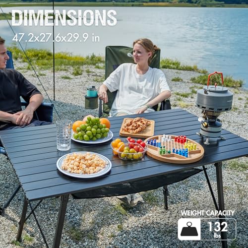 Portal Camping Table Portable Foldable with Adjustable Legs, Aluminum Folding Table Roll Up Table with Carrying Bag for Outdoor, Beach, Picnic, Backyards, BBQ and Party, Black, Big - color: Black, size: Extra Large-47.2"L x 27.6"W
