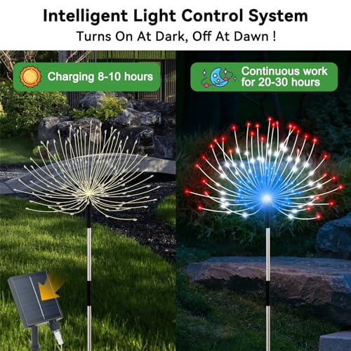 Slyuexu Solar Garden Lights Outdoor, 4 Pack Total 480 LED Solar Firework Lights Decorative 4th of July Decoration, Outdoor Waterproof Lights for Outside Yard Garden Pathway Decor - color: American Color, size: 4 Pack