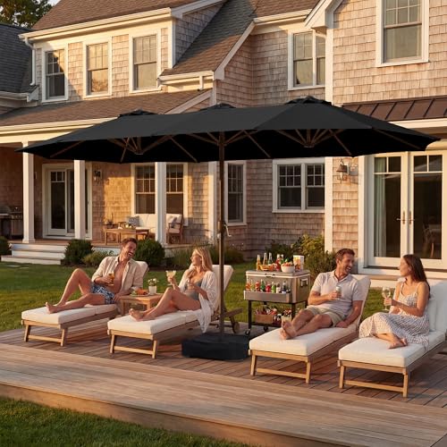 JEAREY 15ft Large Patio Umbrella with Base, Outdoor Rectangle Umbrella Double-Sided Market Umbrella with Stand for Pool, Deck, Backyard and Garden, Black - color: Black