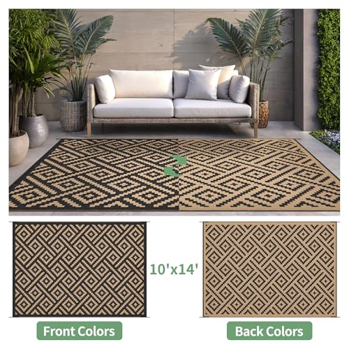 sarben Outdoor Rug for Patio - Waterproof Plastic Straw Camping Rugs 10x14 ft, Reversible Outdoor Indoor RV Mat Carpet for Patio, Porch, Deck, Balcony, Picnic, Beach, Black Brown - color: Black&brown, size: 10' x 14' (Rectangular)