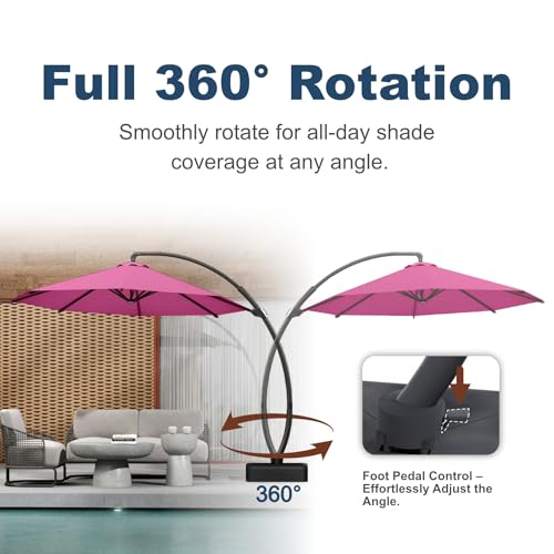 11FT Cantilever Umbrella with Base Large Curvy Outdoor Aluminum Offset Umbrella w/ 360° Rotation, UV Resistant Canopy for Patio, Garden, Backyard, Rose Pink - color: Rose Pink, size: 11FT
