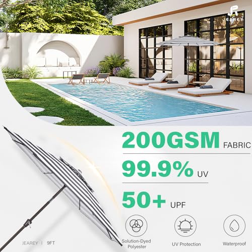JEAREY 9' 2-Tiers Patio Umbrellas Outdoor Table Market Umbrella w/Push Button Tilt/Crank, 8 Sturdy Ribs, UV Protection Waterproof Sunproof(Black Striped) - color: Black Striped