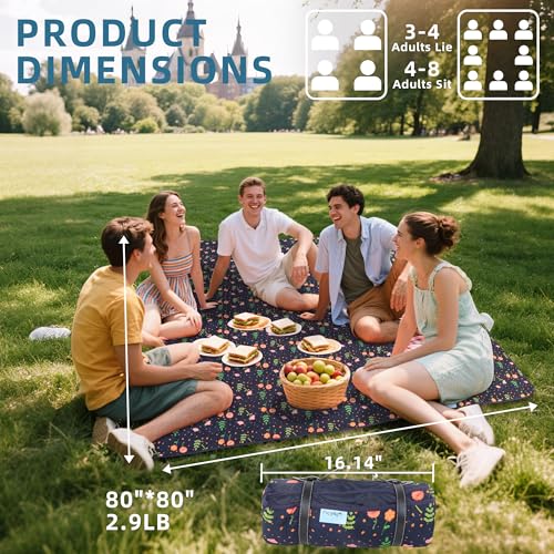 80x80” Double Thickened Picnic Blankets(150g High Density Cotton Stuffed) Navy Blue Floral Pattern Outdoor Picnic Mat Portable Picnic Blanket Foldable with Leather Carry Strap Beach Blanket - color: Blue Floral, size: 80"x80"