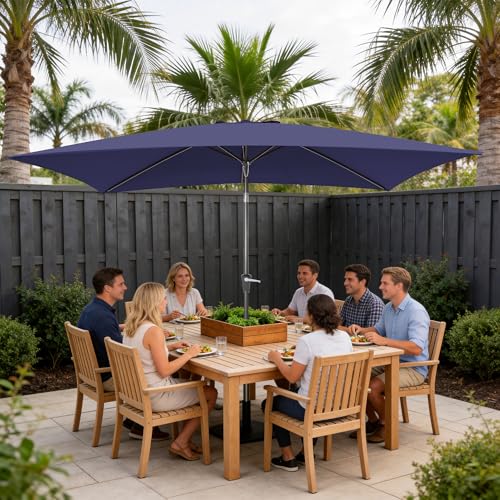 Rectangular Patio Umbrella, 6.5 x 10 ft Rectangle Table Umbrellas w/Heavy Duty Ribs, Effortless Crank and Push Button Tilt, Wind Resistant Sun Umbrella for Outdoor Patio, Navy Blue - color: Navy Blue
