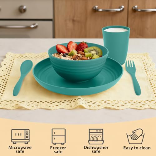 Wheat Straw Dinnerware Sets for 4, 20 PCS Unbreakable Lightweight Kids Plates and Bowls Sets, Dishwasher Microwave Safe Dinnerware Set, Perfect for Kitchen Dorm Camping Outdoor - Green - color: Green, size: 20 PCS