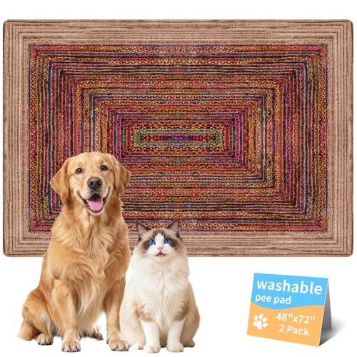 Washable Dog Pee Pads, Vintage Carpet Style, Non-Slip, Leak-Proof, Ultra-Absorbent, Reusable Puppy Training Pads & Mat for Pet Crates, Floors, Whelping & Housebreaking, 2 Pack 48"x72" - color: Sisal Bohemian Print, size: 48" ×72"(pack of 2)