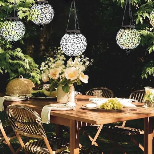 Solar Hanging Lantern Outdoor Garden Lights, Round Glass and Metal Hanging Lantern, 15 Firefly LED Lights, 7 x 20 Inch (Clear) - color: Clear