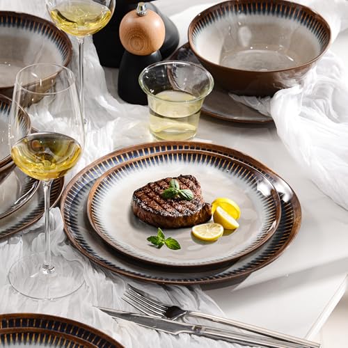 Melamine Dinnerware Set, 12 Pcs Dishware Sets, Plate and Bowl Set Service for 4, Lightweight and Unbreakable Dinnerware Sets for Camping, Great for RV, Dishwasher Safe, Sahara Beige and Blue - color: Sahara Beige