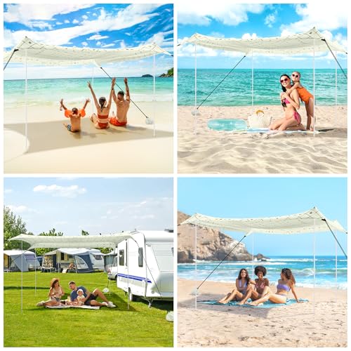 Beach Tent, Beach Canopy Sun Shade UPF 50+, Portable 10×10 FT Camping Sun Shelter with Sandbags, Poles, Ground Pegs and Anti-Wind Rope for Outdoor, Backyard, Picnics, Fishing - color: Geometry Cream