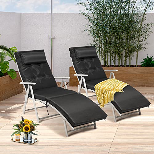 Giantex Chaise Lounge Chair for Outside, Pool Folding Reclining Beach Chair W/Removable Cushion&Headrest Pillow, Outdoor Lounge Chaise w/ 7 Backrest Positions, Portable Patio Lounger (1, Black) - color: Black