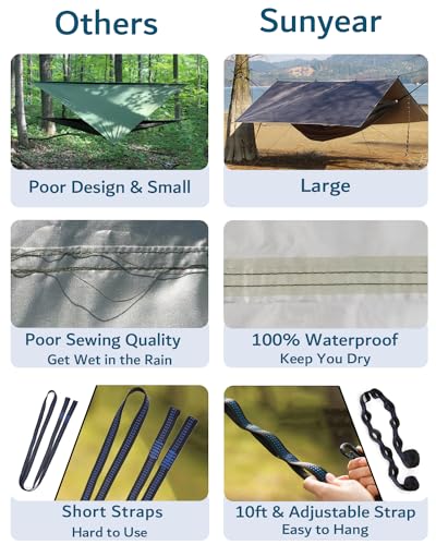 Sunyear Hammock Camping with Rain Fly Tarp and Net, Portable Camping Hammock Double Tree Hammock Outdoor Indoor Backpacking Travel & Survival, 2 Tree Straps,100% Waterproof - color: Black Bundle, size: 55"W*106"L