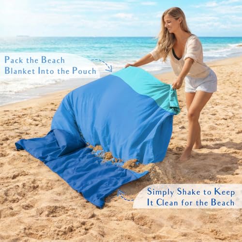 AlphaBeing Beach Blanket Waterproof Sandproof, Extra Large Beach Mat for 1–8 Adults, Oversized Picnic Blanket with 4 Stakes & Storage Bag, Essential Beach Gear for Travel - color: Threeblue, size: 79“×83”