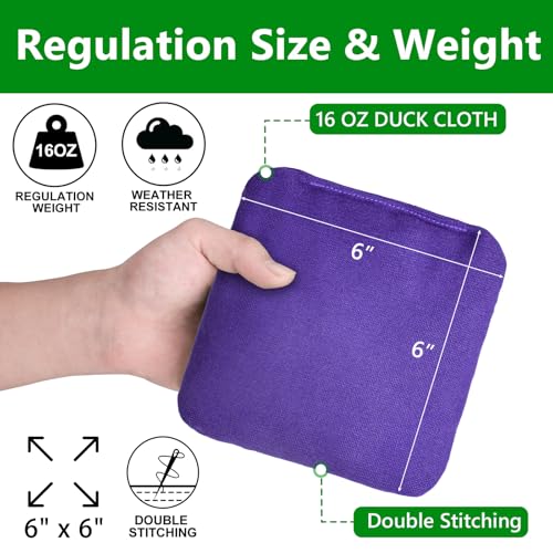 EunHo Cornhole Bags Set of 8 Regulation Size & Weight Corn Hole Bean Bags Official Professional All Weather for Tossing Game with Carry Case - color: Black/Purple