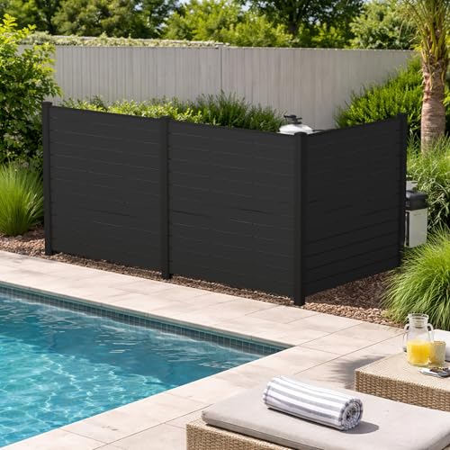 Kozyard 50" W x 48" H Outdoor Privacy Screens Aluminum Post, Air Conditioner Fence Panels, Pool Equipment Enclosure, Trash Can Screens Fence Kit for Outside Backyard Patio(Black/3Panels) - color: 3Black Panels/DarkGray Frame