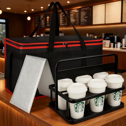 Bodaon XXXL Insulated Food Delivery Bag with Hard Bottom & 6-Cup Drink Carrier, Professional Pizza Delivery Bag for Commercial Catering, Thermal Frozen Grocery Bags, Heavy-Duty Hot Cold Carrier - color: Black-red Bag with Drink Carrier, size: 23" x 14" x