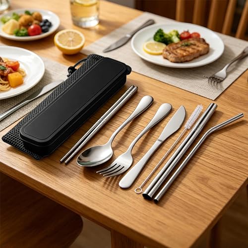 Travel Utensils with Case, Cutlery Set Portable Camp Reusable Flatware Silverware, 7 Pcs Stainless Steel Reusable Cutlery Set, Include Fork, Spoon, Knife, Chopsticks, 2 x Straws & Straw Cleaner Brush - color: Black