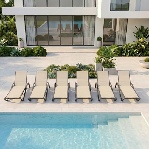 Patio Chaise Lounge Chairs Set of 6, All-Weather Aluminum Pool Loungers for Outside, 5-Position Adjustable Sunbathing Chairs for Tanning, Stackable for Backyard, Poolside, Beige - color: Beige, size: Set of 6