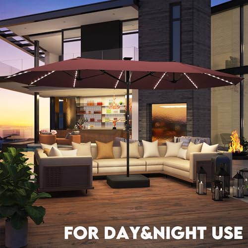GDPFN 15ft Large Patio Umbrella with Solar Lights, Outdoor Double-Side Rectangular Umbrella with Base Included, Backyard Pool Umbrella with LED Light for Deck, Outside, Market, Burgundy - color: Burgundy, size: Base&led