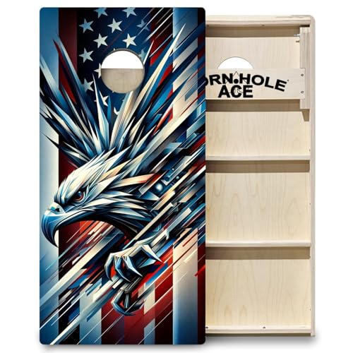 CornholeAce ACE PRO American Flag Cornhole Board Set - No Bounce! Triple Wide Legs, 3/4" Baltic Birch Plywood, Handles, Regulation Size (4x2ft), Tournament Style, Made in USA - color: Patriotic Eagle
