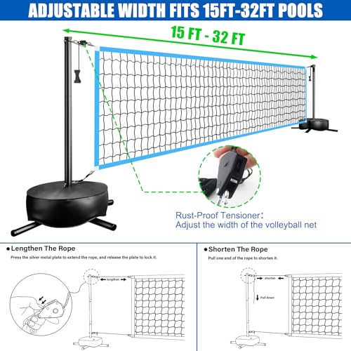 Pool Volleyball Net with Light - Portable Outdoor LED Volleyball Net with 2 Glowing Balls and Weighted Bases, Swimming Pool Sports Game Set, Adjustable Length 15-30FT for Inground Pools