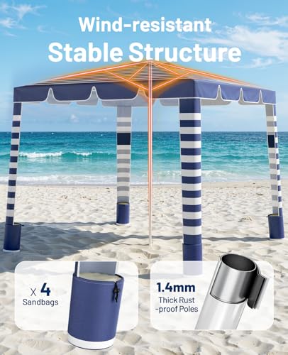 Rhino Valley Beach Cabana, 120 Sq. Ft Beach Canopy UPF50+ Protection, Easy Setup & Adjustable Height Beach Tent Sun Shelter with Cup Holder, Portable for 4-8 People, Blue & White Stripes - color: Blue & White Stripes