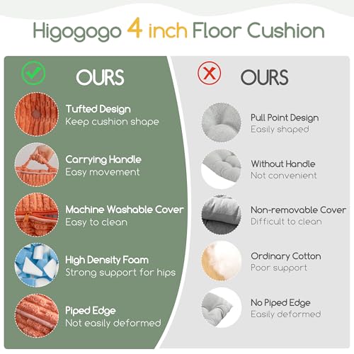 Washable Floor Pillow Cushion for Adults, Meditation Cushion Pillow, Removable Tufted Blended Corduroy Cover, Large Square Floor Sitting for Tatami Living Room or Yoga, 2Pack, Machine Washable - color: Square Coral, size: 4" Thick(Pack of 2)