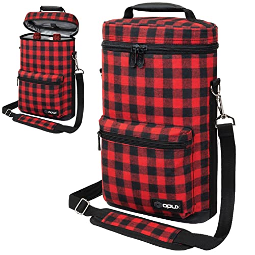 Opux 2 Bottle Wine Tote Carrier, Insulated Cooler Bag for Travel Picnic, Leakproof Padded Case, Wine Gifts for Women & Men, Plaid Buffalo Red - color: Buffalo Plaid Red
